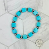 BR231216-09               Blue turquoise stone beads with silver Navajo pearl beads Bracelet