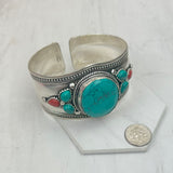 BR240721-01            German silver with blue turquoise and red coral bangle