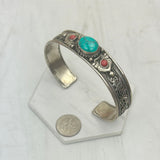 BR240721-10           German silver with blue turquoise and red coral bangle