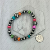 BR250308-02              Silver Navajo pearl with muti color roundel turquoise stone beads strength Bracelet