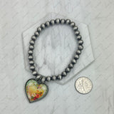 BR250308-09             Silver Navajo pearl beads with western heart strength Bracelet