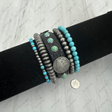 BR250308-33                 Silver Navajo pearl beads and black leather with metal buffalo Bracelet sets