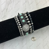BR250308-34            Silver Navajo pearl beads and black leather with metal buffalo Bracelet sets