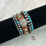 BR250308-35           Silver Navajo pearl and blue turquoise beads with brown leather and metal cactus Bracelet sets