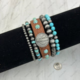 BR250308-36        Silver Navajo pearl and blue turquoise beads with brown leather and metal cactus Bracelet sets