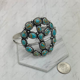 BR250930-01-BLUE-BROWN             Silver metal with blue and brown turquoise stone peace sign Bangle