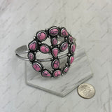 BR250930-01-HOT PINK               Silver metal with hot pink turquoise stone peace sign Bangle