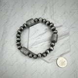 BR251219-02                Silver Navajo pearl round and barrel beads stretchy Bracelet