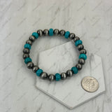 BR251228-02                             Silver Navajo pearl with blue turquoise stone beads stretch Bracelet