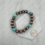 BR251228-28              10 mm copper Navajo pearl with blue turquoise stone beads stretch Bracelet