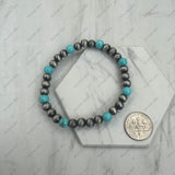 BR251228-40            6 mm silver Navajo pearl with blue turquoise stone beads stretch Bracelet