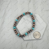 BR251228-43            6 mm copper Navajo pearl with blue turquoise stone beads stretch Bracelet