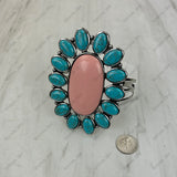 BR251230-01SL-BLUE-PINK                        Silver metal with pink and blue turquoise stone large oval Bungle