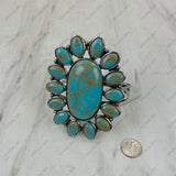 BR251230-01SL-BLUE-BROWN                    Silver metal with blue and brown turquoise stone large flower Bungle