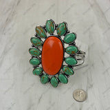 BR251230-01SL-GREEN-ORANGE                   Silver metal with orange and green turquoise stone large oval Bungle