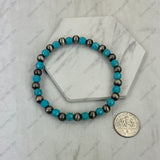 BR251230-01          Silver Navajo pearl with blue turquoise stone beads stretch Bracelet