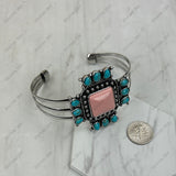 BR251230-02-BLUE-PINK                     Silver metal with blue and pink turquoise stone cross Bangle