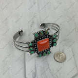 BR251230-02-GREEN-ORANGE                   Silver metal with orange and green turquoise stone cross Bangle