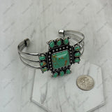 BR251230-02-GREEN                   Silver metal with green turquoise stone cross Bangle