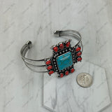 BR251230-02-RED-BLUE                Silver metal with red and blue turquoise stone cross Bangle