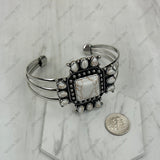 BR251230-02-WHITE                         Silver metal with white turquoise stone cross Bangle