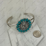 BR251230-05SL-01                      Silver metal with blue turquoise stone coin shape Bangle