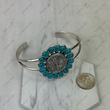 BR251230-05SL-02                           Silver metal with blue turquoise stone coin shape Bangle