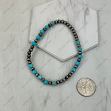 BR251230-31              4mm Silver Navajo pearl with blue turquoise stone beads stretch Bracelet