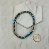 BR251230-34                    4mm Silver Navajo pearl with dark blue turquoise stone beads stretch Bracelet