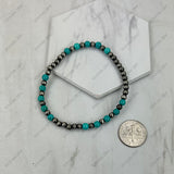 BR251230-34                    4mm Silver Navajo pearl with dark blue turquoise stone beads stretch Bracelet