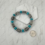 BR260121-01                        Silver Navajo pearl with blue roundel turquoise stone beads stretch Bracelet
