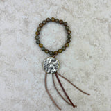 BRS230528-01    Brown jasper Bracelet with tassel and metal long horn pendent