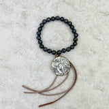 BRS230528-03    "Black jasper Bracelet with tassel and  metal long horn pendent"
