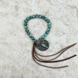 BRS230528-04     "Green jasper Bracelet with tassel and silver metal  long horn pendent"