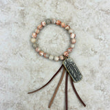BRS230528-07    "Muti color jasper Bracelet with tassel and  metal leaf pendent"