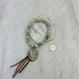 BRS230528-12               Light blue jade Bracelet with tassel and metal Cactus pendent