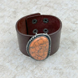 BRZ230405-03    Orange Stone with Dark Brown Leather Cuff Bracelet