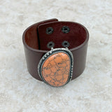 BRZ230405-03    Orange Stone with Dark Brown Leather Cuff Bracelet