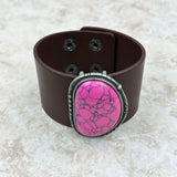 BRZ230405-07    Hot pink Stone with Dark Brown Leather Cuff Bracelet