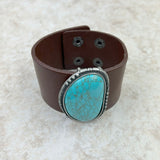 BRZ230405-09     Turquoise Stone with Dark Brown Leather Cuff Bracelet