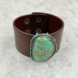 BRZ230405-10     Green Stone with Dark Brown Leather Cuff Bracelet