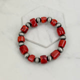 BRZ230930-04      Red coral with silver Navajo pearl beads bracelet