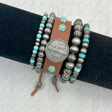 BRZ240311-02               Silver Navajo pearl with blue turquoise stone beads Bracelet set