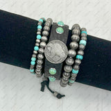 BRZ240311-05               Silver Navajo pearl with blue turquoise stone beads Bracelet set