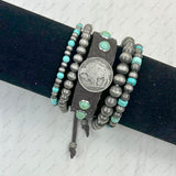 BRZ240311-06               Silver Navajo pearl with blue turquoise stone beads Bracelet set