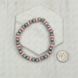 BRZ240708-33            Light pink roundel stone and silver Navajo pearl beads bracelet