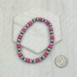 BRZ240708-36                  Hot pink roundel stone and silver Navajo pearl beads bracelet