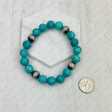 BRZ240708-46                   Blue turquoise stone and Silver Navajo pearl beads bracelet