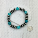 BRZ240708-54                    Blue turquoise stone and Silver Navajo pearl beads bracelet