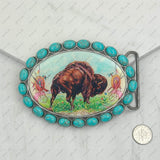BUK240213-13                 Oval silver metal with blue turquoise stone and cowgirl Belt buckle